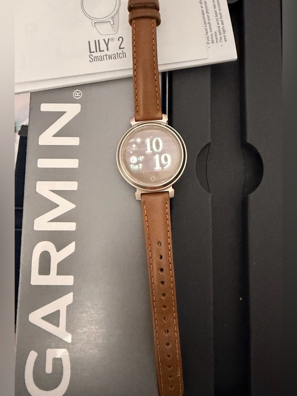 Garmin Lily 2 Classic 35mm Smartwatch - Brown Leather with Gold Accents